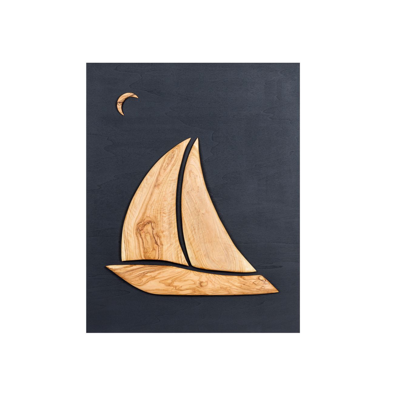 Olive Wood Sailboat, Handmade Modern Wall Decor, Black Wooden Background, Design A, 55x70cm
